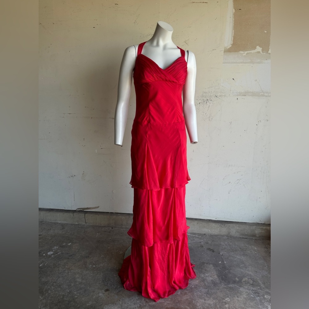 Vintage Y2K Silk Tiered Maxi Dress Gown Jade Orchid 100% Silk Size 4